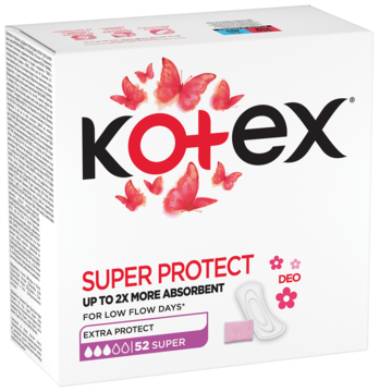 Białe pudełko wkładek Kotex Super Protect na niskie krwawienie, 52 sztuki, widok z przodu.