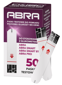 Paski testowe ABRA do pomiaru poziomu glukozy we krwi, w fioletowym pudełku z dwoma paskami, widok z przodu.