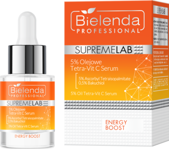 Bielenda SupremeLab 5% Olejowe Tetra-Vit C Serum w szklanej butelce z pipetą i pomarańczowym pudełkiem, widok z przodu.