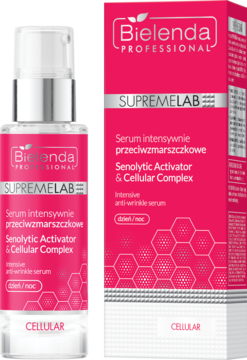 Intensywne serum przeciwzmarszczkowe Bielenda Supremelab Cellular, biała butelka z pompką i różowe pudełko, widok przód.