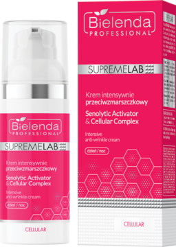 Bielenda Professional SupremeLab Cellular, intensywny krem przeciwzmarszczkowy. Biała butelka z pompką i różowe opakowanie, przód.