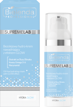 Jasnoniebieski Bielenda Supremelab Hydra Glow, nawadniający krem z efektem glow w pudełku i butelce z pompką.
