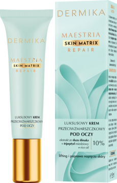 Dermika Maestria Skin Matrix Repair, luksusowy krem przeciwzmarszczkowy pod oczy, tuba z złotym korkiem i pudełko.