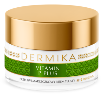 Dermika Vitamin P Plus, przeciwzmarszczkowy krem tłusty, w białym, okrągłym słoiku ze złotą nakrętką, widok przód.