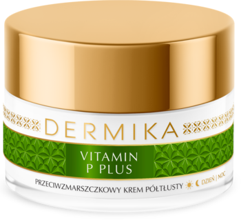 Dermika Vitamin P Plus przeciwzmarszczkowy krem do cery naczynkowej, w białym słoiku ze złotą nakrętką, z przodu.