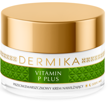 Krem Dermika Vitamin P Plus przeciwzmarszczkowy w białym słoiku z zieloną etykietą i złotą nakrętką, widok z przodu.