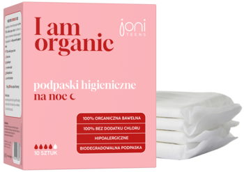 Różowo-białe pudełko organicznych podpasek higienicznych Joni Teens na noc, z widocznymi obok białymi wkładkami.