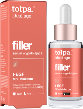 Tołpa Ideal Age Filler serum z 10% hialuronu, butelka z zakraplaczem i pudełko obok siebie, pomarańczowe tło.