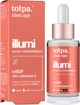Tołpa illumi serum rozświetlające z 10% witaminą C w koralowym pudełku i szklanej butelce z zakraplaczem, widok z przodu.