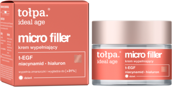 Tołpa Ideal Age Micro Filler krem wypełniający z 1-EGF, niacynamidem, hialuronem. Różowe pudełko i słoiczek.