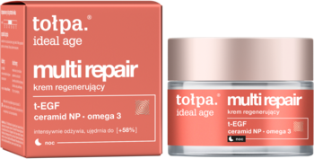 Krem regenerujący Tolpa Multi Repair Ideal Age w różowym pudełku i zamkniętym słoiku, widok z przodu.