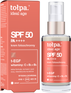Tołpa Ideal Age krem fotoochronny SPF 50 w koralowym pudełku i beżowej butelce z pompką, widok z przodu.