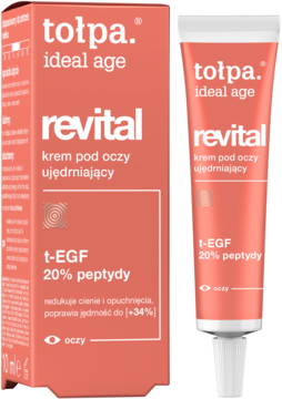 Tołpa Ideal Age Revital krem pod oczy ujędrniający, w coralowej tubce i pudełku, widok z przodu.