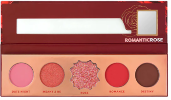 Kompaktowa paleta cieni Romantic Rose z 5 cieniami w różowo-czerwonych tonach, matowe i brokatowe, widok z góry.