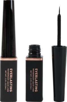 Dwa czarne eyelinery w płynie Everlasting, jeden zamknięty, drugi otwarty z aplikatorem i miedzianym akcentem.
