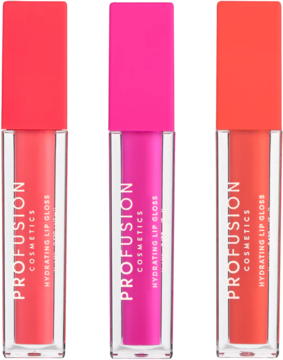 Zestaw trzech błyszczyków Profusion Hydrating Lip Gloss w odcieniach różu i koralu, widok z przodu.