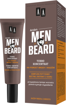 Brązowy koncentrat AA Men Beard Barber na porost brody i wąsów w tubce i pudełku, widok z przodu.