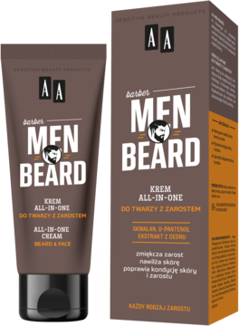 AA Men Beard krem All-in-One do twarzy i zarostu w brązowej tubce i pudełku, widok z przodu. Nawilża i zmiękcza skórę.