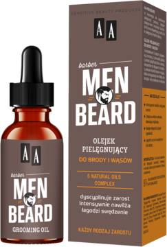 AA Men Beard Olejek Pielęgnujący do brody w brązowej butelce i obok brązowe kartonowe opakowanie.