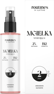 Tonizująca mgiełka do twarzy Routines by Alkmie z niacynamidem i B12 w różowej butelce spray, obok białe pudełko.