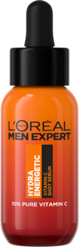 L'Oréal Men Expert Hydra Energetic Vitamin C Shot Serum, pomarańczowo-czerwona butelka z czarnym zakraplaczem, widok z przodu.