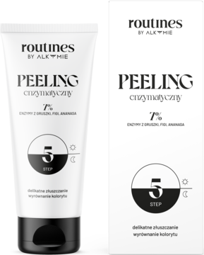 Routines by Alkmie Peeling enzymatyczny w białej tubce i pudełku, widoczne z przodu, czarne napisy.