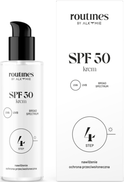 Biały krem Routines by Alkmie SPF 50 w butelce z pompką i pudełku, nawilżający, ochrona przeciwsłoneczna.