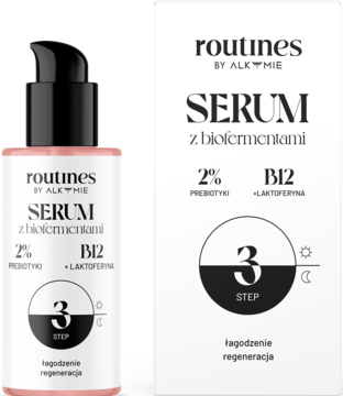 Serum Routines Alkmie z biofermentami, regenerujące, w różowej butelce i białym pudełku, widok z przodu.