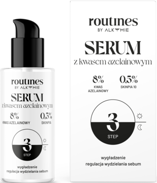 Białe serum Routines by Alkmie z kwasem azelainowym w butelce i kartoniku, widoczne 8% i 0,5%.