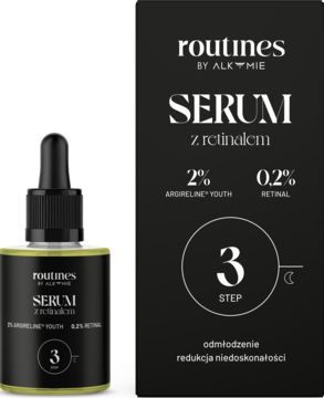 Serum z retinalem Routines by Alkmie w ciemnej butelce z zakraplaczem i czarnym pudełkiem, widok z przodu.