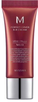 Missha Perfect Cover BB Cream SPF42/PA+++ nr 13 w stojącej, czerwono-brązowej tubce ze srebrną nakrętką.