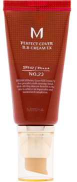 Missha Perfect Cover B.B Cream EX w czerwono-brązowej tubce z pompką, SPF42 / PA+++, odcień 23.