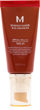 Missha M Perfect Cover BB Cream EX, SPF42, nr 21, czerwono-brązowa tubka z pompką, widok z przodu.