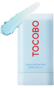 Tocobo Cotton Soft Sun Stick SPF50+ w białym opakowaniu z czerwoną nazwą i niebieską smugą produktu.