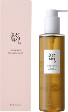 Beauty of Joseon Ginseng Cleansing Oil: różowe pudełko i bursztynowy olejek w butelce z pompką, widok z przodu.