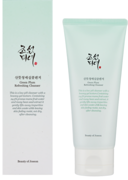Żel Beauty of Joseon Green Plum Cleanser w pastelowej zielonej tubce i pudełku, widok z przodu.