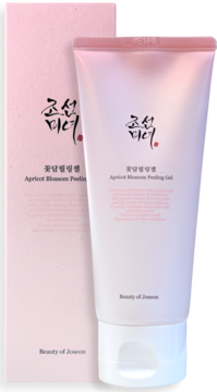 Beauty of Joseon Apricot Blossom Peeling Gel: soft pink tube and matching decorative box, angled.