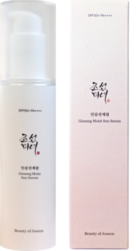 Beauty of Joseon Ginseng Moist Sun Serum SPF 50+ w białej butelce z pompką i obok opakowanie kartonowe.