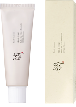Krem Beauty of Joseon Relief Sun Rice + Probiotics SPF 50+ w białej tubce i beżowym pudełku, widok z przodu.
