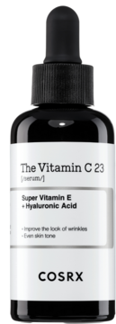 Serum COSRX The Vitamin C 23 w czarnej butelce z białym napisem, z aplikatorem zakraplaczem, widok z przodu.
