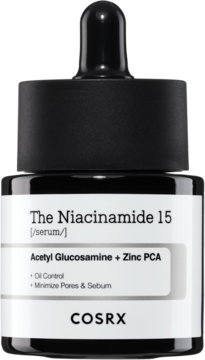 Cosrx The Niacinamide 15 serum w ciemnej butelce z pipetą, widok z przodu, z etykietą Oil Control.