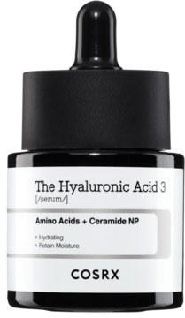 Cosrx The Hyaluronic Acid 3 Serum z kwasem hialuronowym, czarna butelka z zakraplaczem, widok z przodu.
