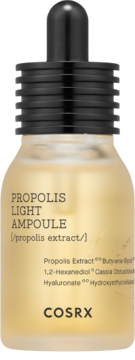 COSRX Propolis Light Ampoule w zmatowionej bursztynowej butelce z czarnym zakraplaczem.