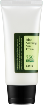 COSRX Aloe Soothing Sun Cream SPF 50+ w białej tubce z zieloną etykietą i czarną zakrętką, widok z przodu.