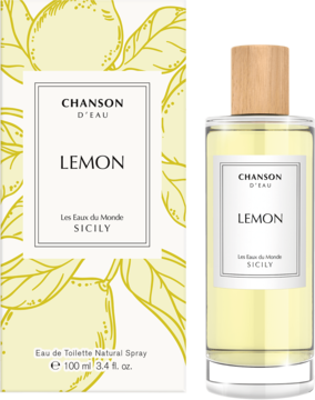 Chanson D'eau Lemon EDT 100ml: żółte pudełko z cytrynami i szklana butelka z drewnianą zakrętką, widok z przodu.