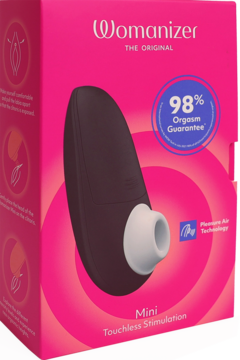 Womanizer Mini 2, czarny stymulator intymny z białą końcówką w różowym opakowaniu z technologią Pleasure Air.
