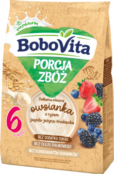 BoboVita Porcja Zbóż owsianka mleczna Jagoda-Jeżyna-Truskawka, widok z przodu brązowej torebki z owocami i zbożami.