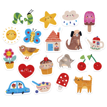 Rozsypane, kolorowe dwuelementowe puzzle Czuczu dla maluchów: wesołe ilustracje zwierząt, owoców i domu.