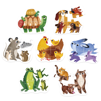 Czuczu puzzle "Maluchy": 7 kolorowych układanek przedstawiających rodziny zwierząt, m.in. psy, koty, żaby, króliki.