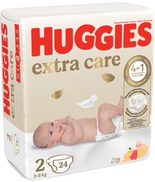 Beżowe opakowanie pieluch Huggies Extra Care rozmiar 2 (3-6kg) z niemowlakiem, Puchatkiem i napisem Huggies.